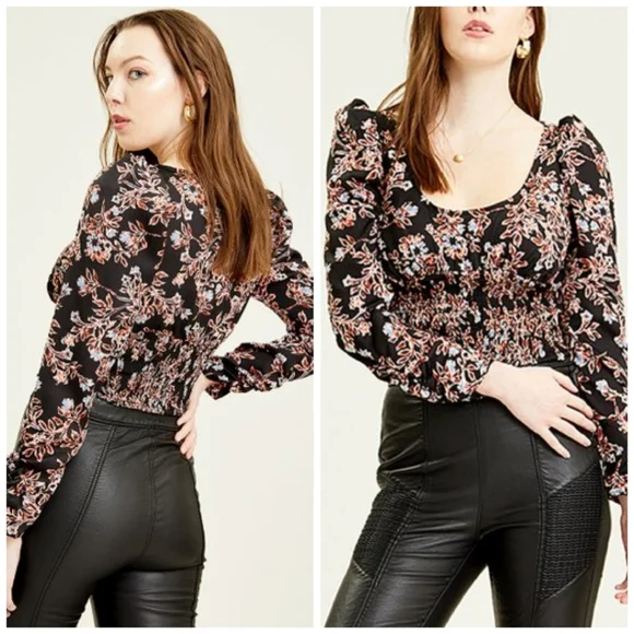 Free People Womens Santiago Printed Smocked Crop Top Black Floral - Picture 3 of 9